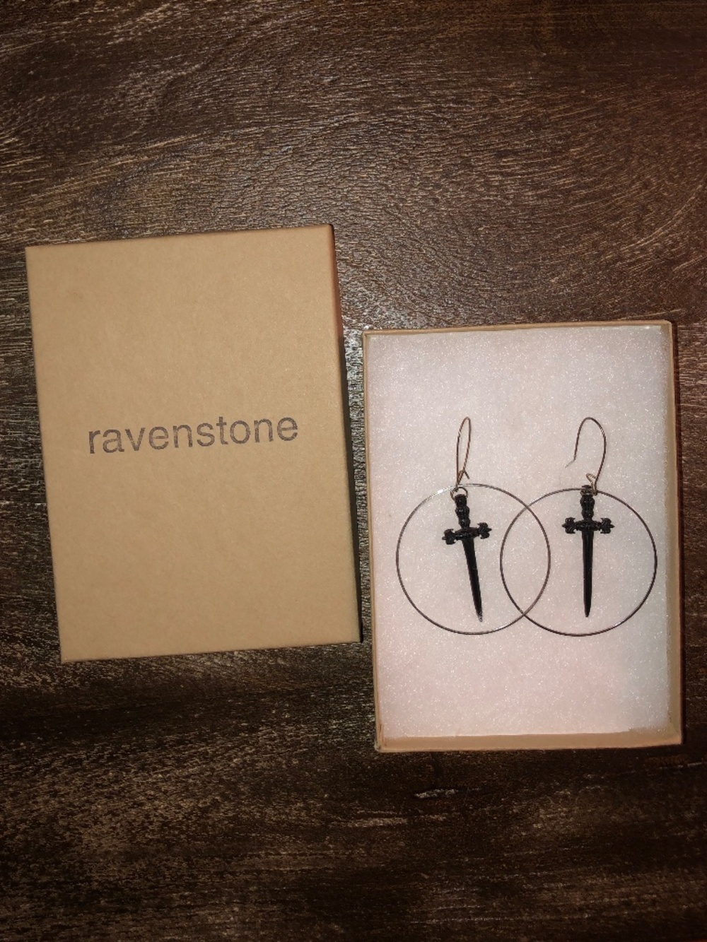 Ravenstone Silver Black Dagger Hoop Earrings